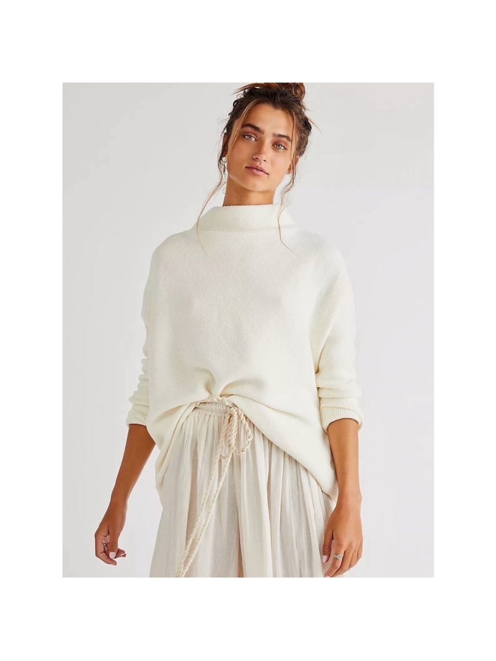 Free People Ottoman Slouchy Tunic Sweater Ivory Cream Mock Neck Oversized Cozy - Picture 2 of 14